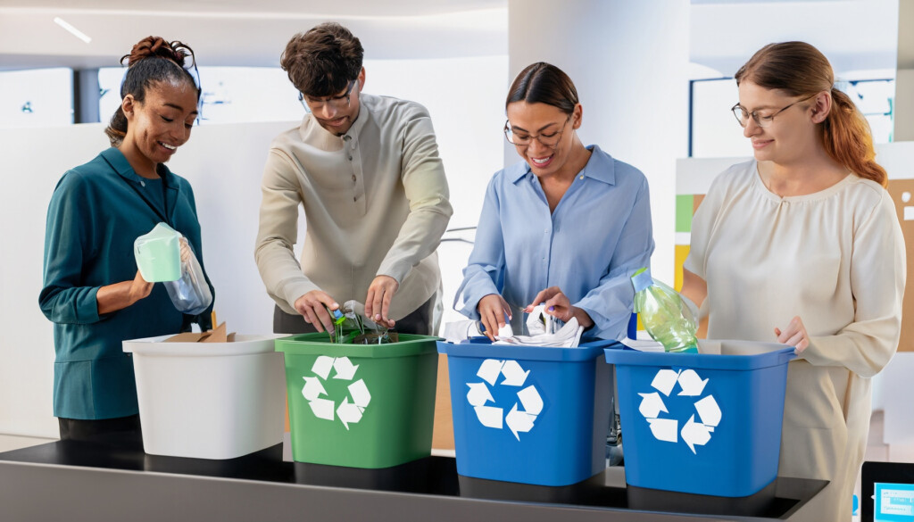 EmployÃ©s triant activement diffÃ©rents types de dÃ©chets dans des bacs de recyclage, dans un environnement de bureau bien Ã©clairÃ©.